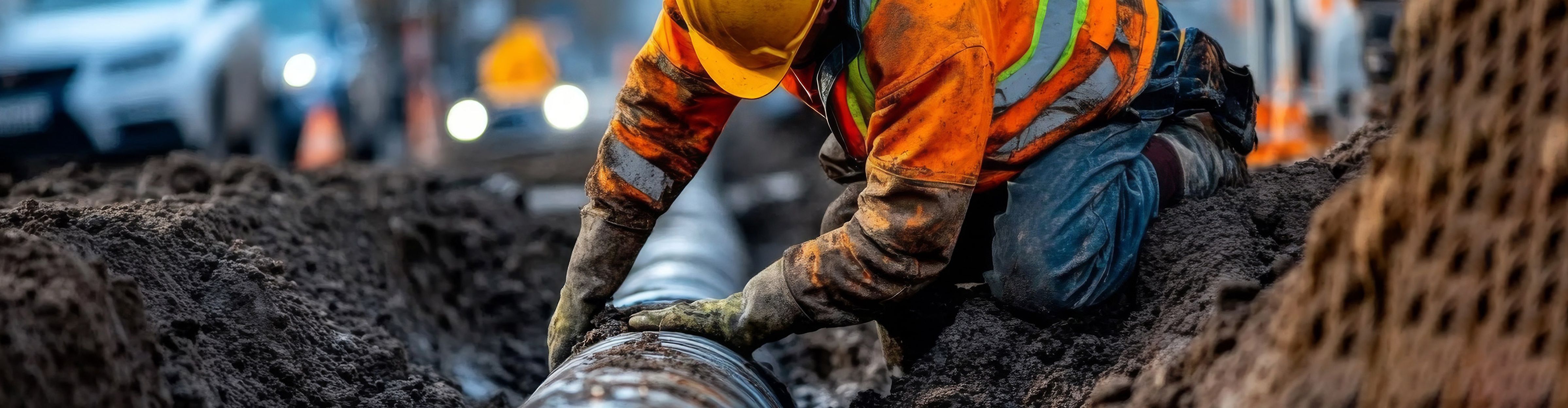 Arbeiter in Schutzkleidung bei der Verlegung eines großen Rohrs in einem Graben auf einer Baustelle, mit Fahrzeugen und Geräten im Hintergrund.
