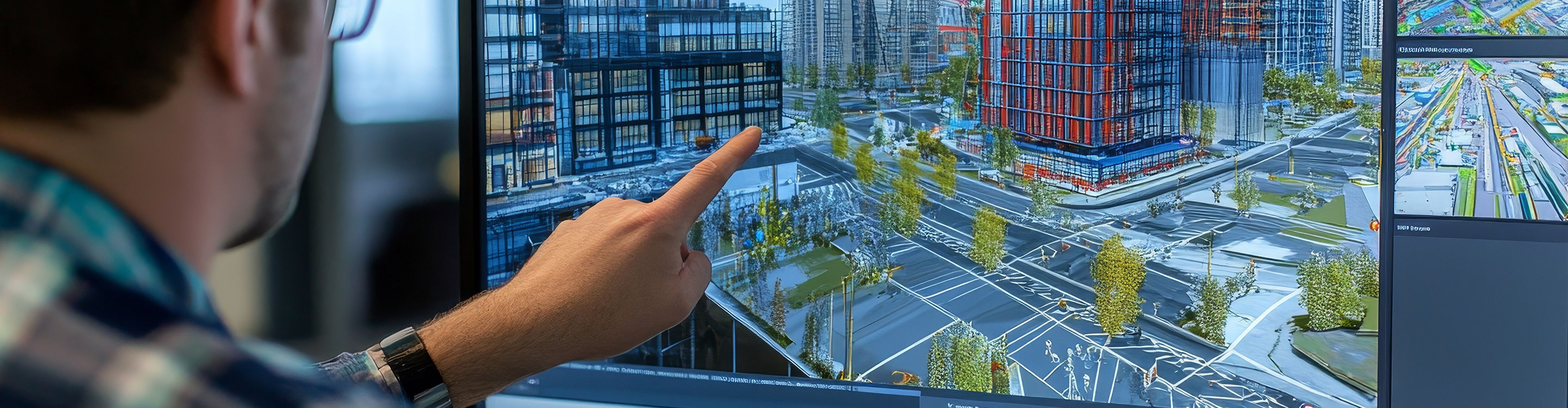 A person points to a computer screen displaying a detailed 3D model of an urban area with buildings, streets and green spaces.